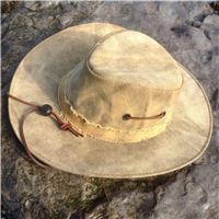 Leather windstrap on wide brimmed hat